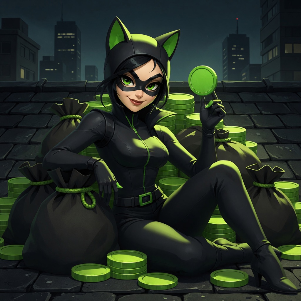 CATWOMAN sitting on stolen bags