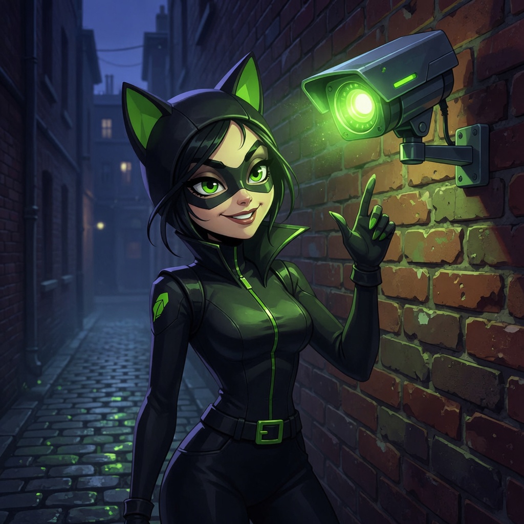 CATWOMAN waving at a security camera