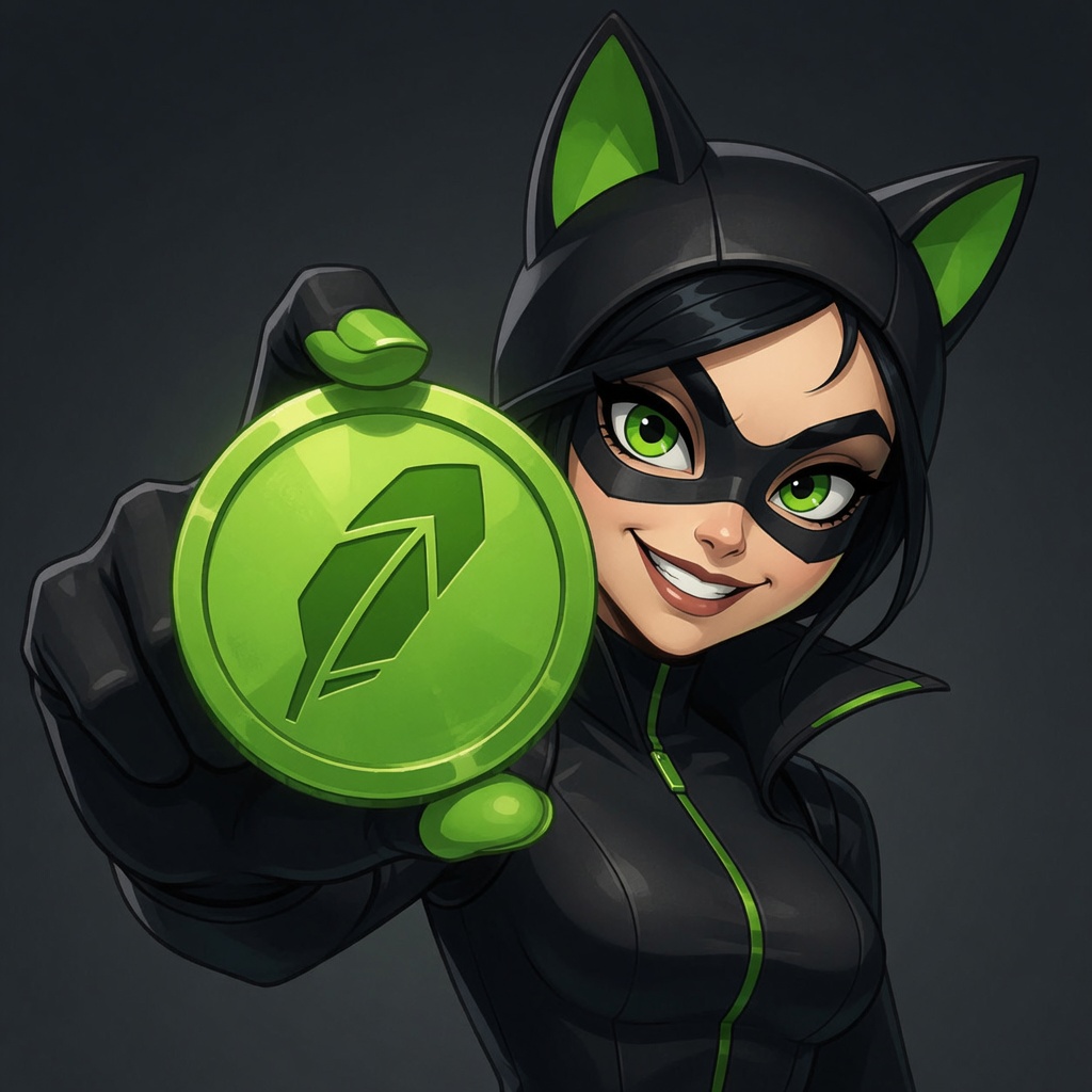 CATWOMAN inspecting a green coin