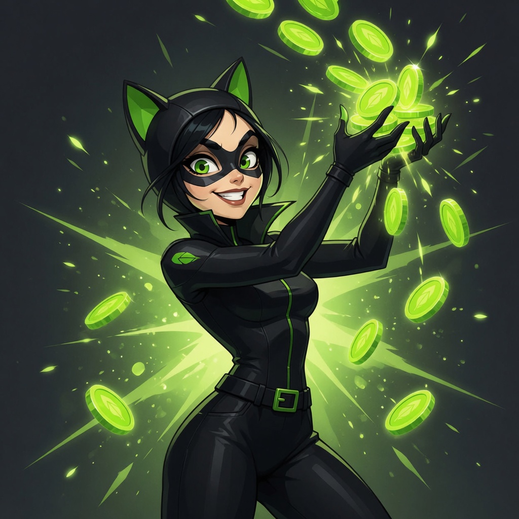 CATWOMAN tossing green coins