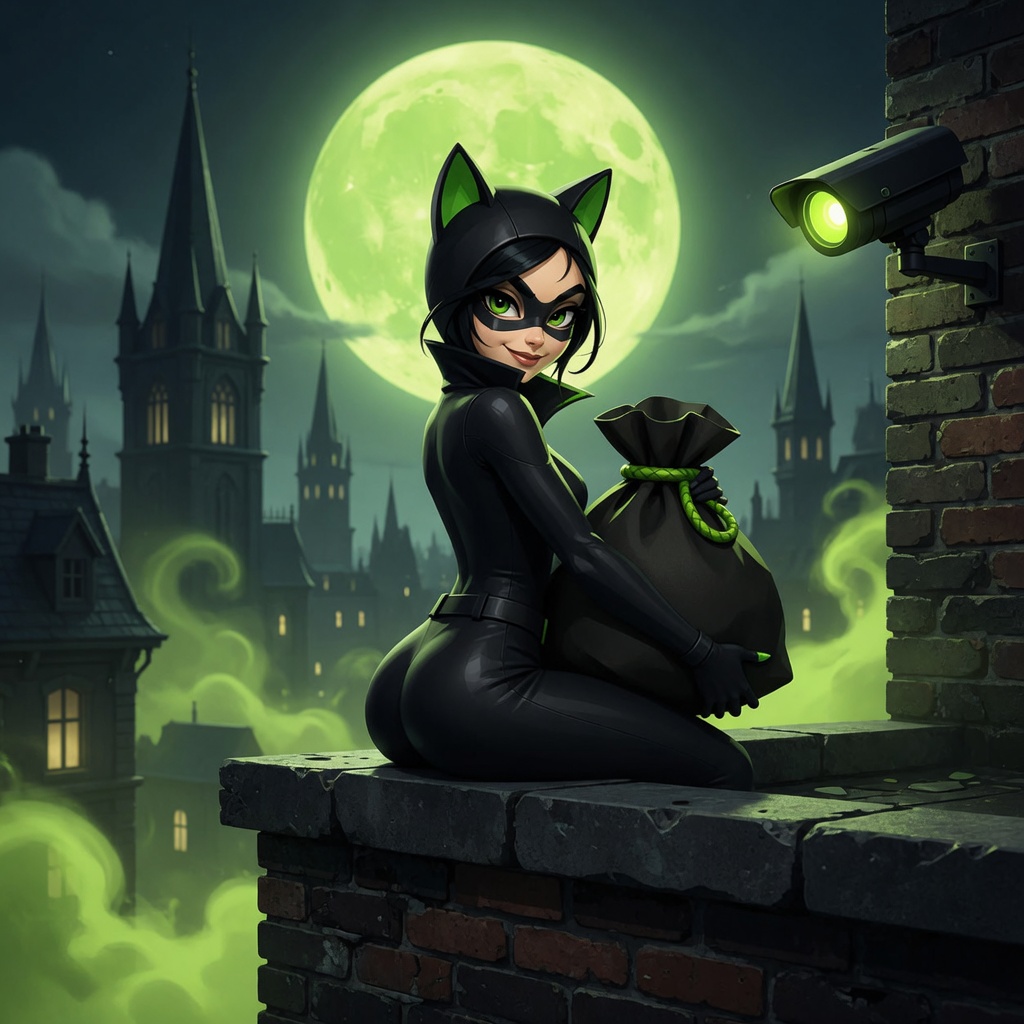 CATWOMAN on a rooftop with a stolen bag under a green moon