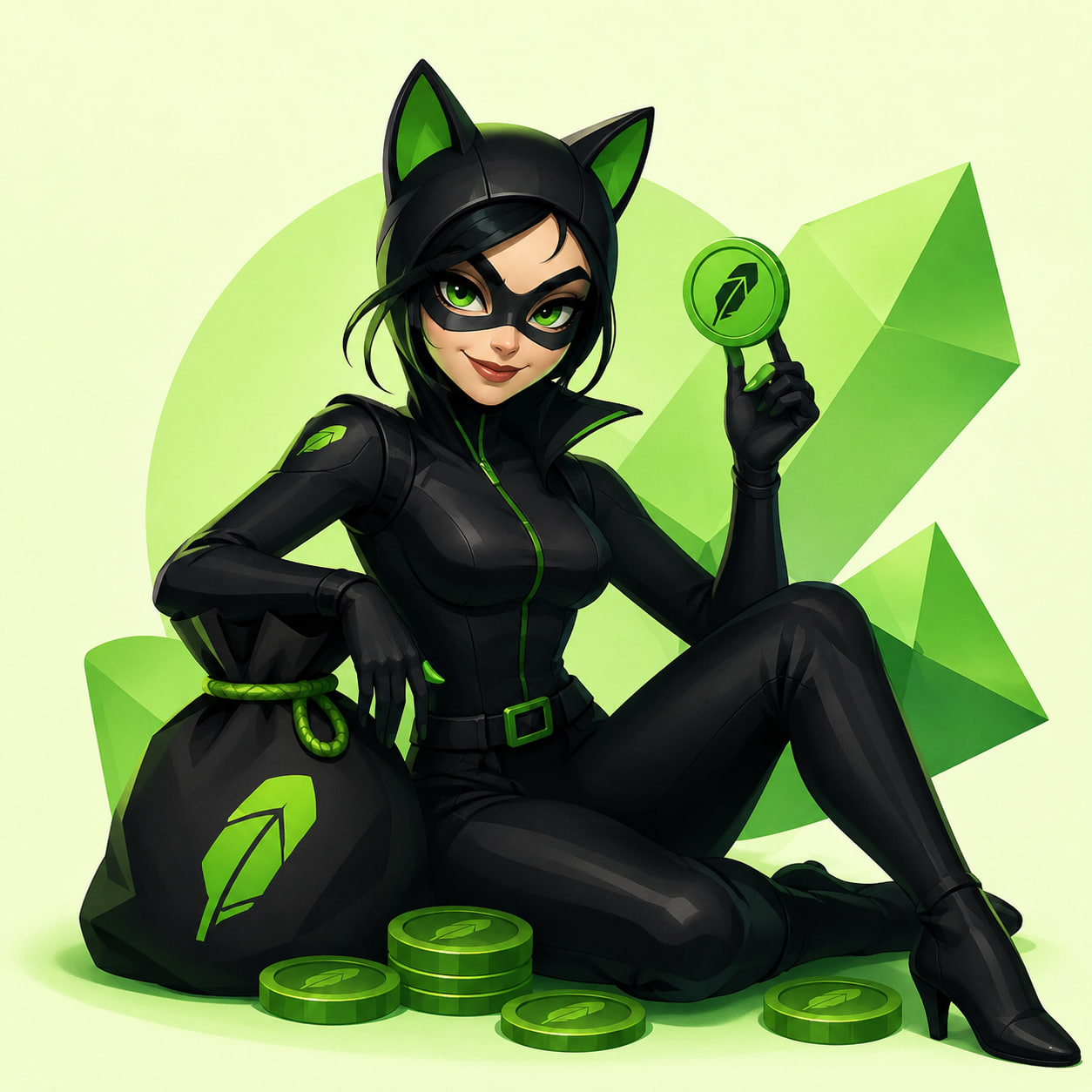 CATWOMAN sitting with CashCat bags and green coins