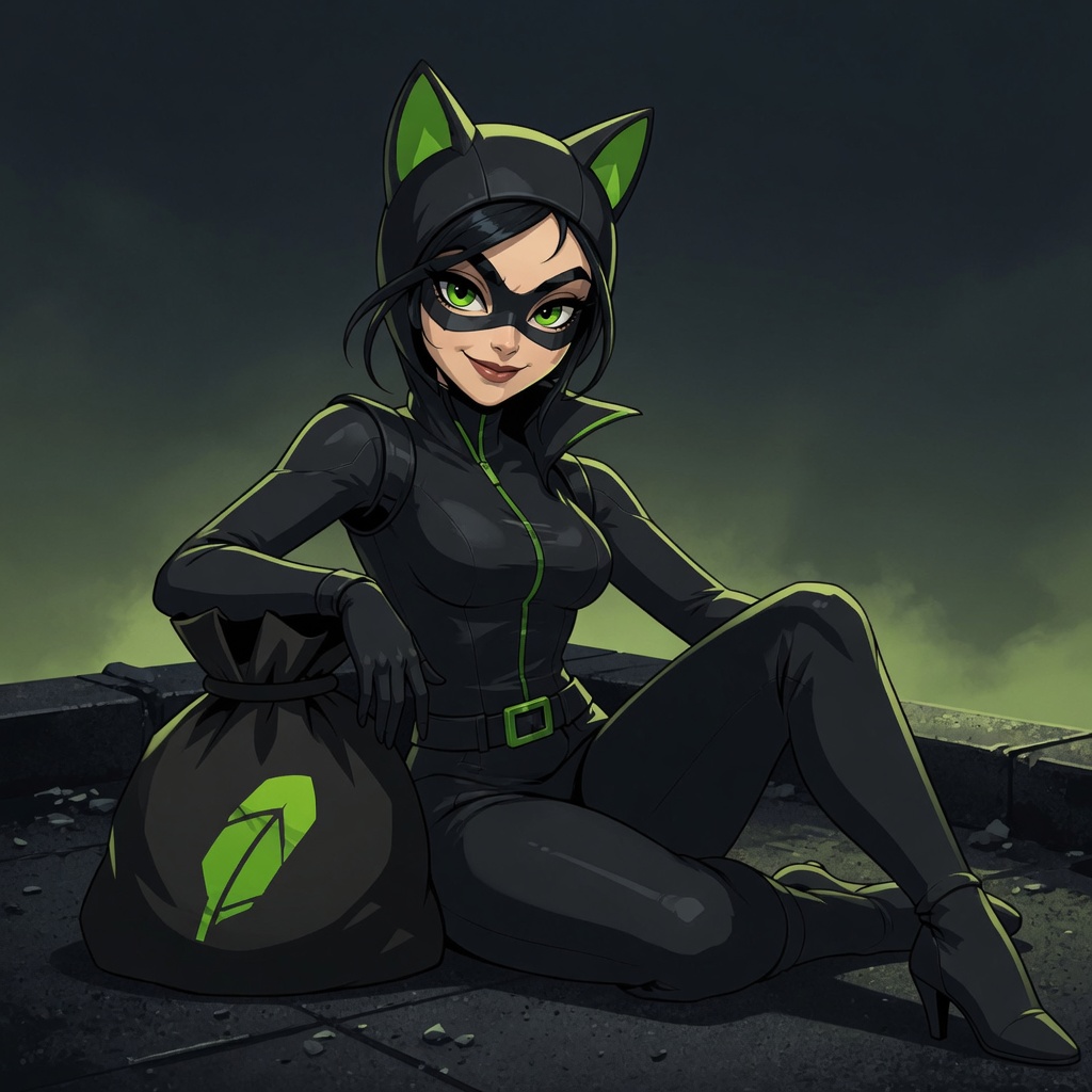 CATWOMAN reclining with a stolen bag