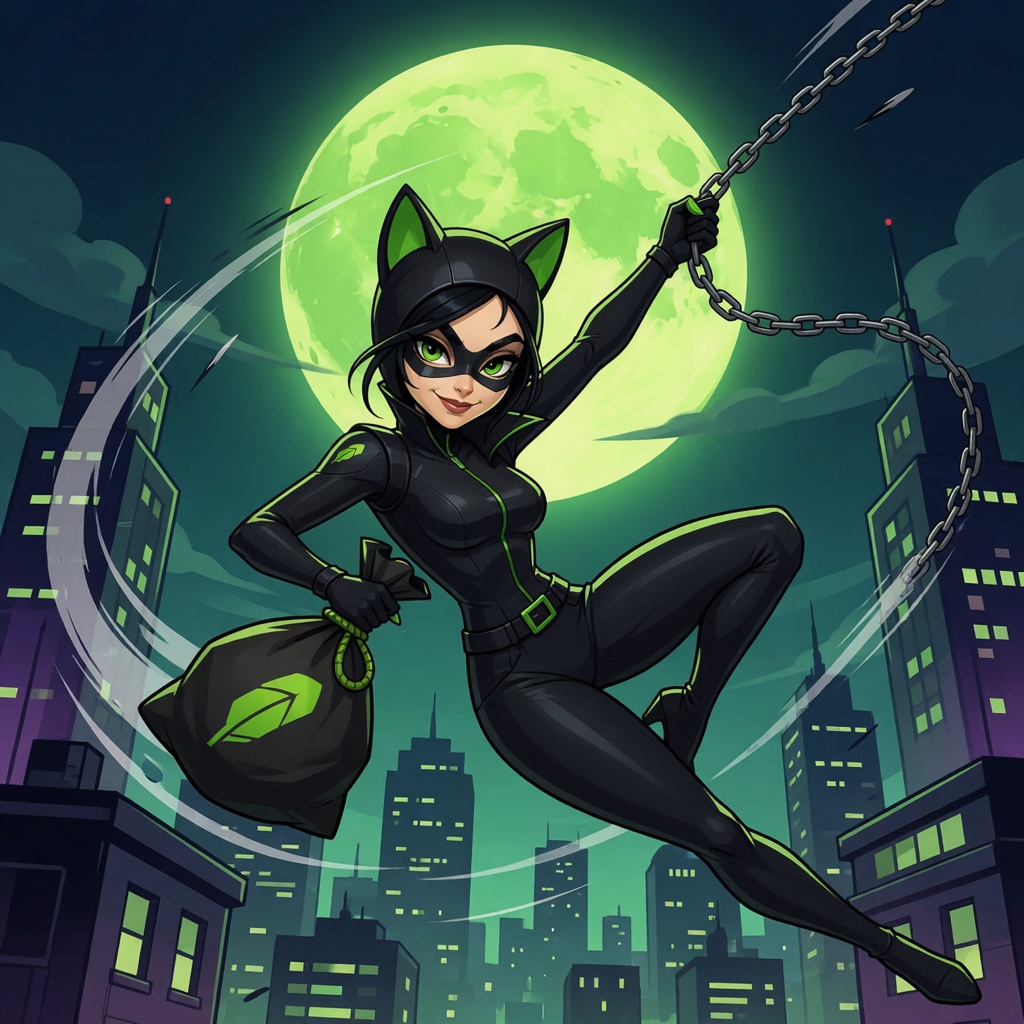 CATWOMAN swinging across the skyline