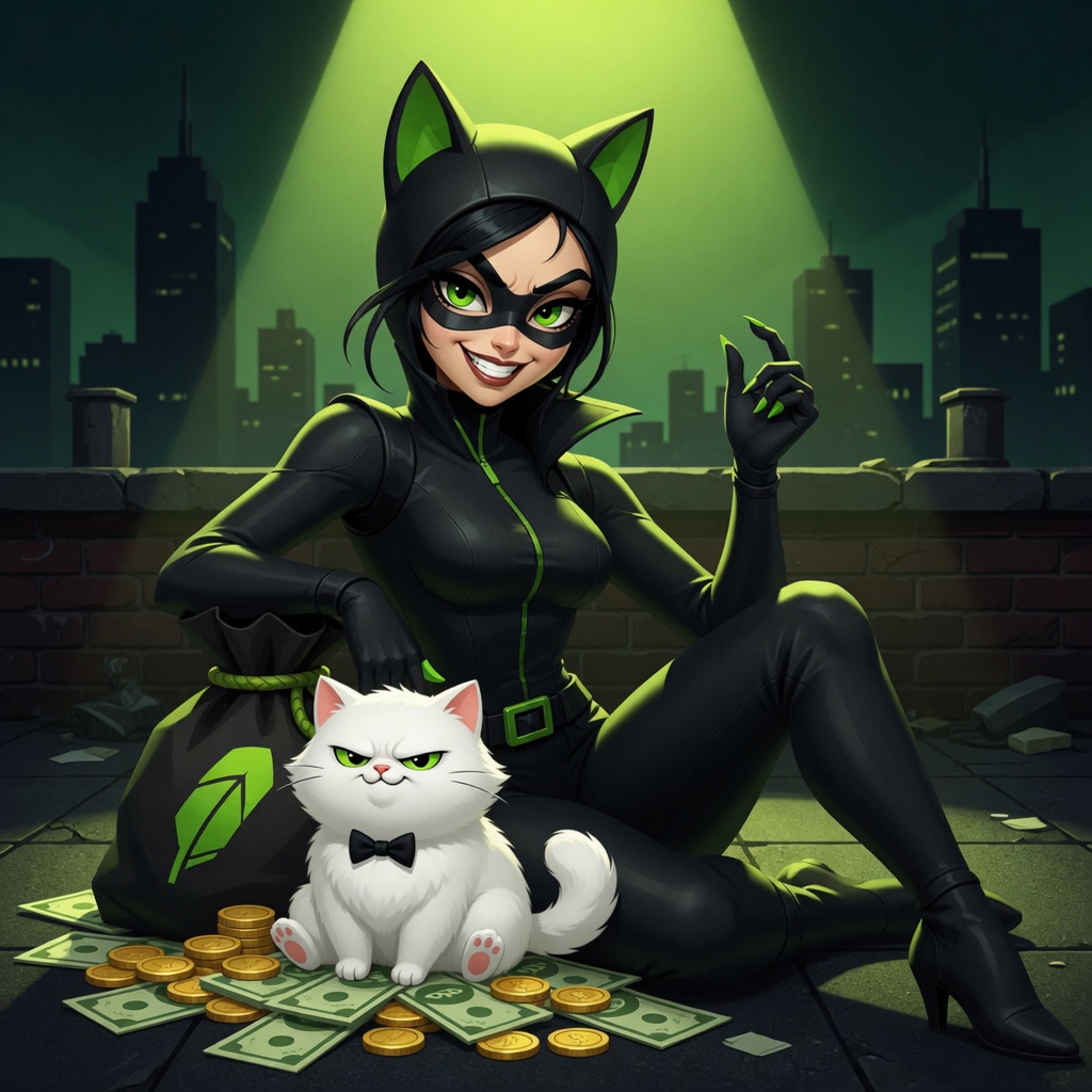 CATWOMAN sitting with CashCat and the stolen bags
